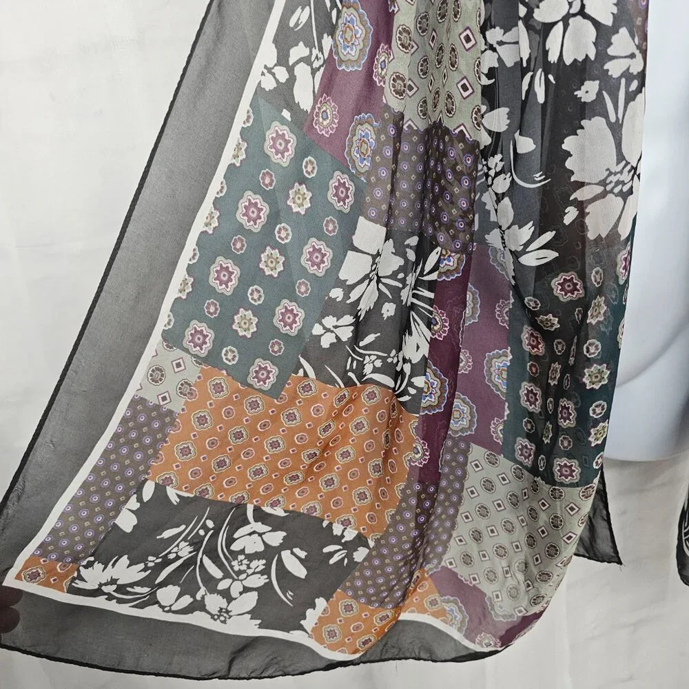 Calvin Klein Scarf Patchwork Boho Floral Black Purple Sheer Rectangular